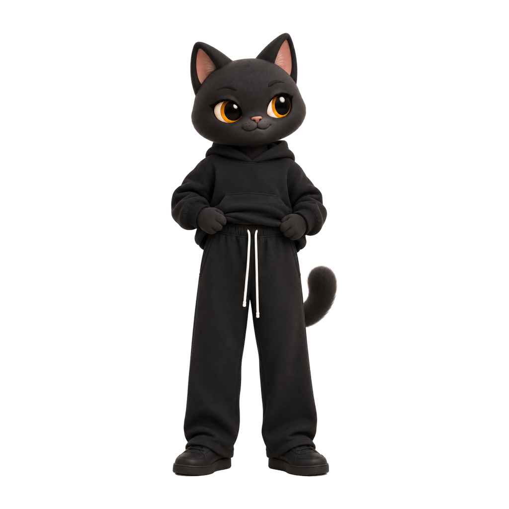NAVA Essential Fleece Pants — stylized cat model; original garment photo also provided