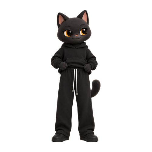 NAVA Essential Fleece Pants — stylized cat model; original garment photo also provided