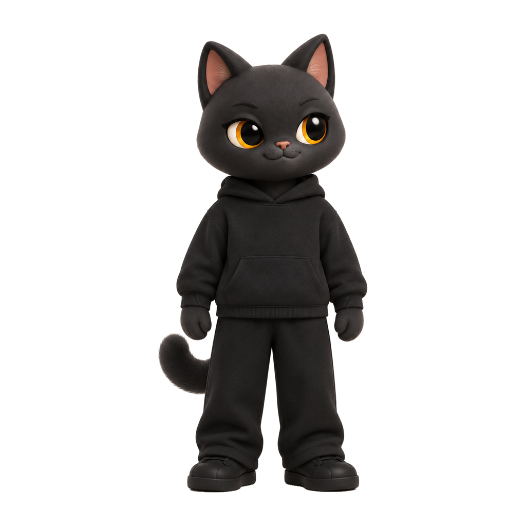 NAVA Essential Hoodie in Black — stylized Leader cat model; see original garment photo for product details