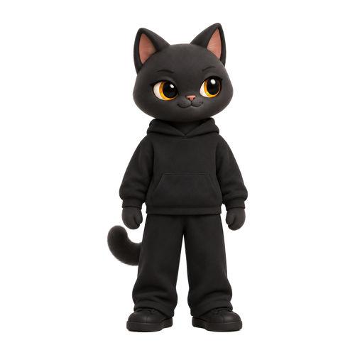 NAVA Essential Hoodie in Black — stylized Leader cat model; see original garment photo for product details