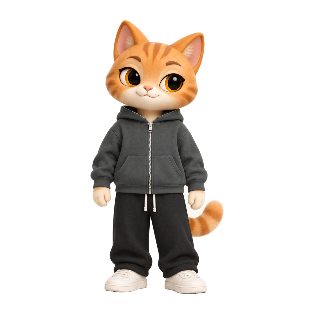 NAVA Full Cover Hoodie — stylized cat model; original garment photo also provided