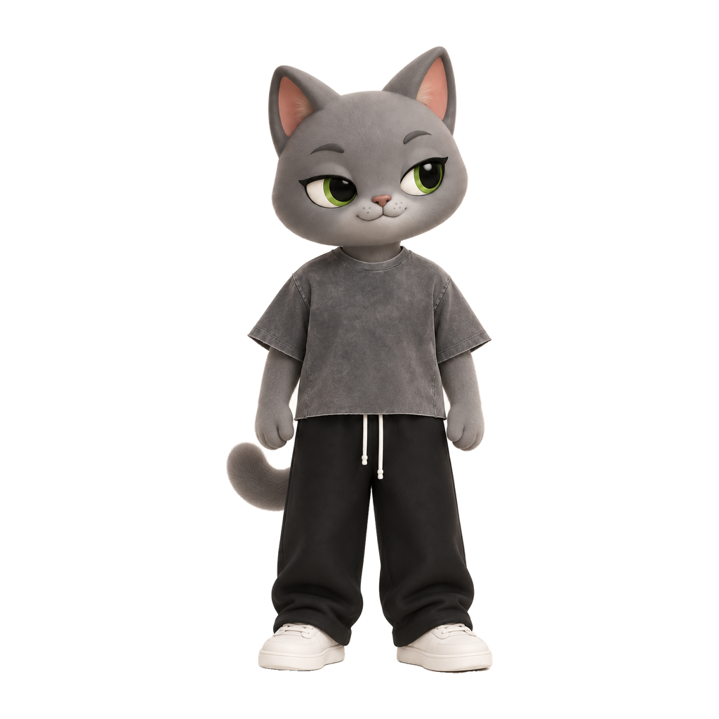 NAVA Raw Edge Box Tee — stylized cat model; original garment photo also provided