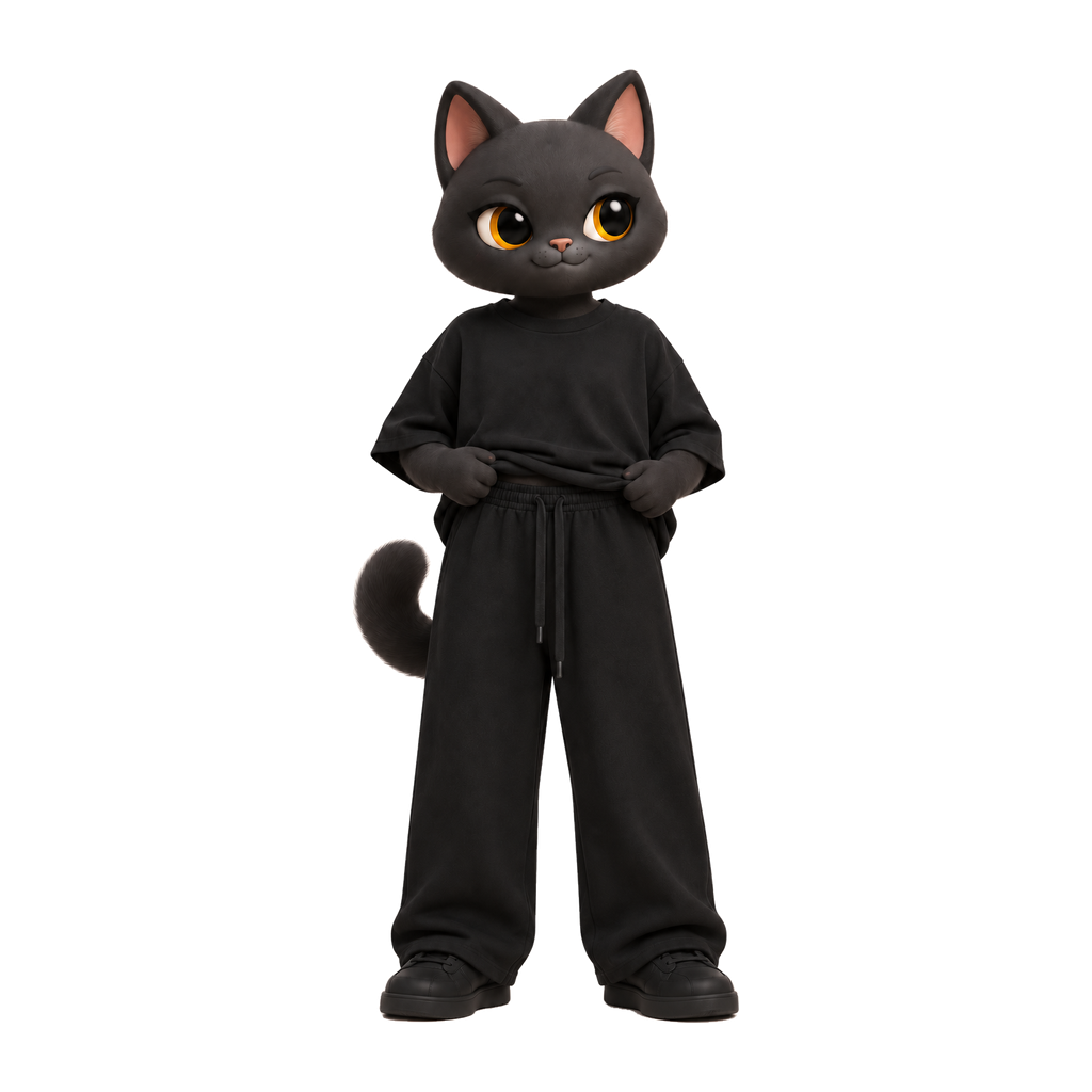 NAVA Raw Edge Sweatpants — stylized cat model; original garment photo also provided
