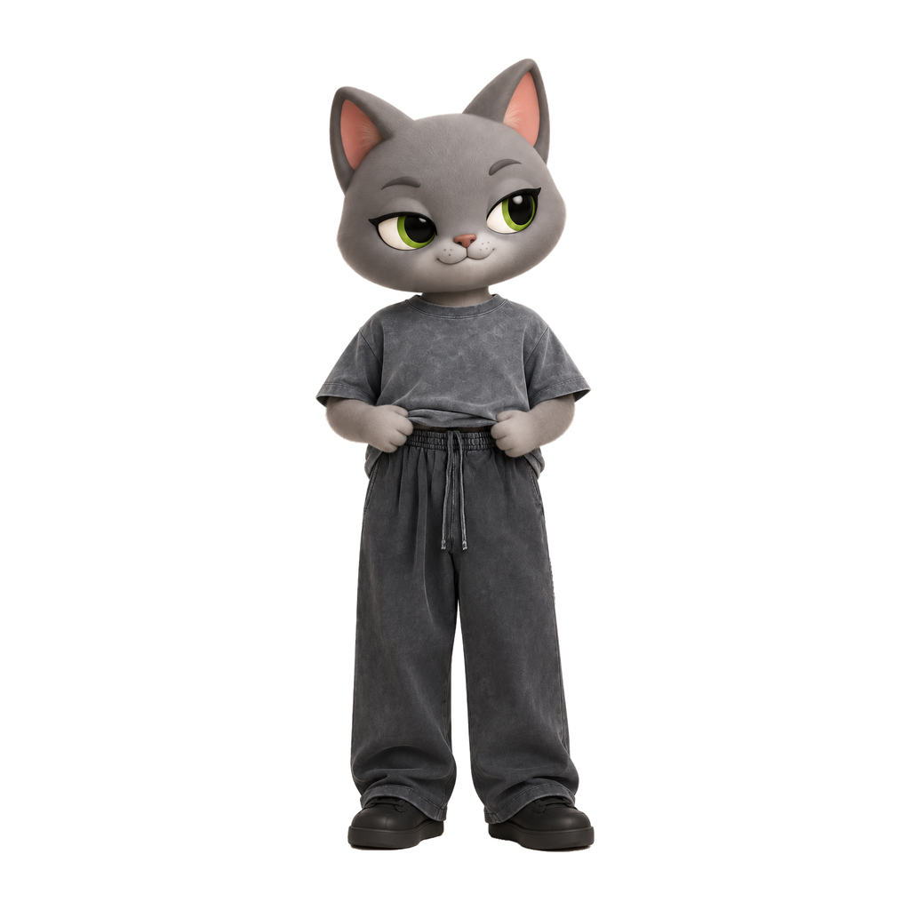 NAVA Vintage Waist Pants — stylized cat model; original garment photo also provided