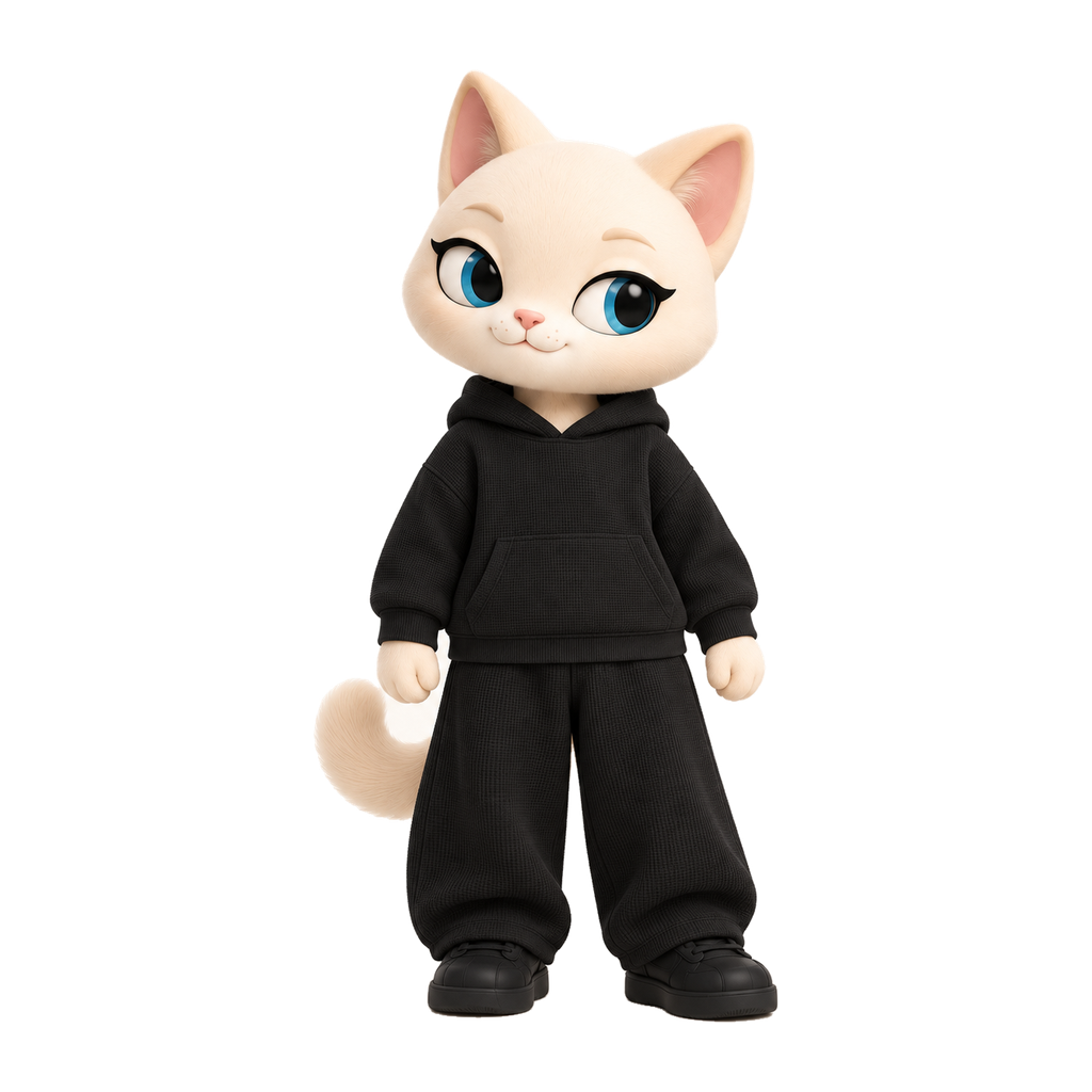 NAVA Waffle Hoodie — stylized cat model; original garment photo also provided